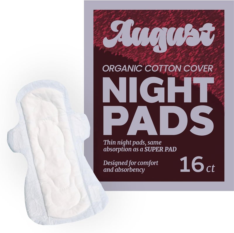 August Menstrual Organic Cover Pads for Women, Super Absorbency, 16 Organic Cotton Super Pads, Compostable Wrappers, Fragrance Free, Sanitary Napkins with Wings - Image 1